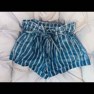 🐥American Eagle Hi Rise Shortie Blue White Striped Denim Jean Shorts